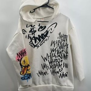 ROMWE Graphic Hoodie Women’s Size XS White “Make Smile”, “What?” Cut Off Size 2